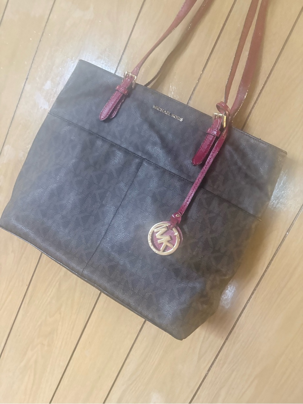 Michael Kors Brown Logo Tote with Pink Strap Accents